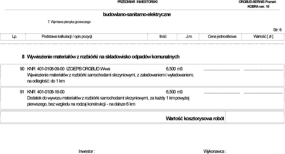 ..... Wywiezienie materiałów z rozbiórki samochodami skrzyniowymi, z załadowaniem i wyładowaniem, na odległość: do 1 km 91 KNR