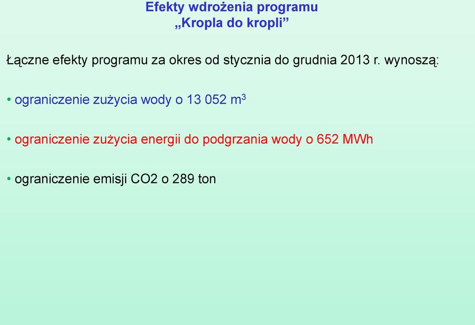 wynoszą: ograniczenie zużycia wody o 13 052 m 3 ograniczenie