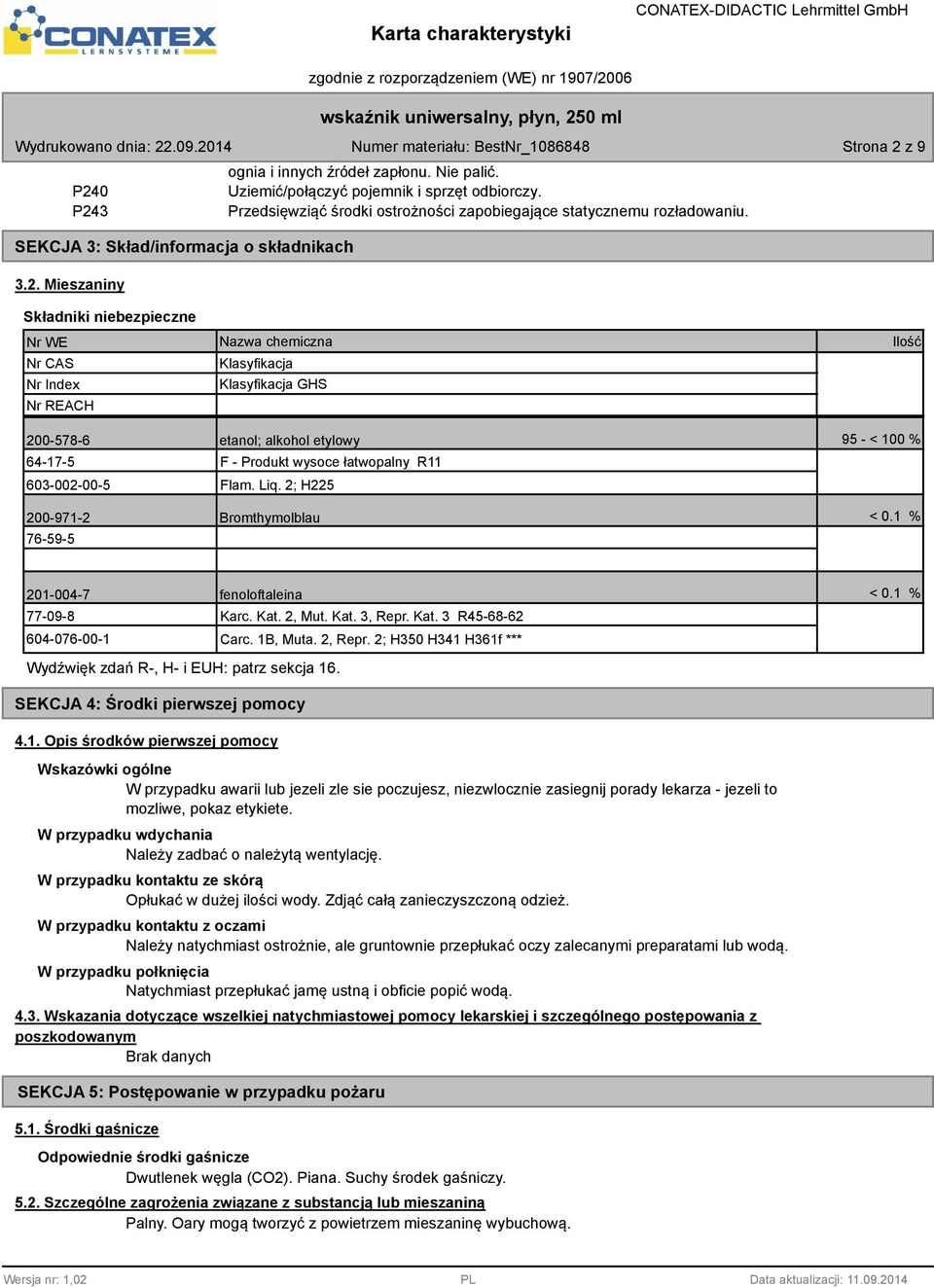 Składniki niebezpieczne Nr WE Nr CAS Nr Index Nr REACH Nazwa chemiczna Klasyfikacja Klasyfikacja GHS Ilość 200-578-6 etanol; alkohol etylowy 95 - < 100 % 64-17-5 60-002-00-5 F - Produkt wysoce