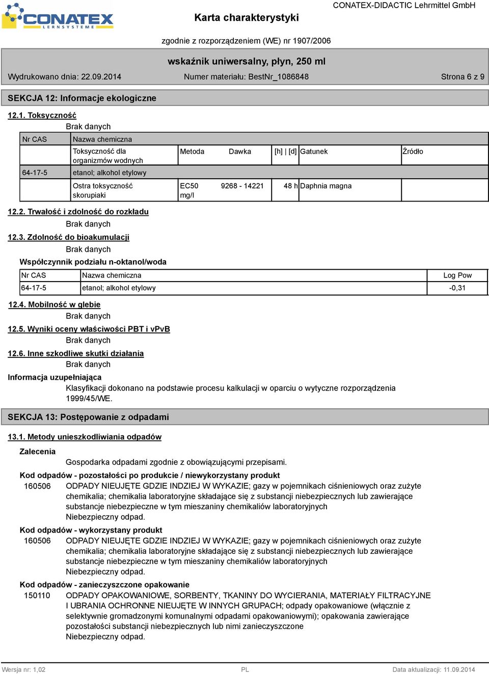 .1. Toksyczność Nr CAS 64-17-5 Nazwa chemiczna Toksyczność dla organizmów wodnych etanol; alkohol etylowy Ostra toksyczność skorupiaki Metoda Dawka [h] [d] Gatunek Źródło EC50 9268-14221 mg/l 48 h