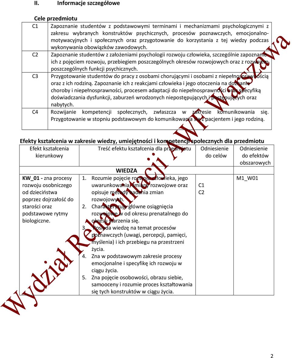 C2 Zapoznanie studentów z założeniami psychologii rozwoju człowieka, szczególnie zapoznanie ich z pojęciem rozwoju, przebiegiem poszczególnych okresów rozwojowych oraz z rozwojem poszczególnych