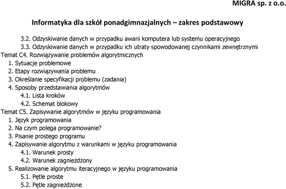 2. Schemat blokowy Temat C5. Zapisywanie algorytmów w języku programowania 1. Język programowania 2. Na czym polega programowanie? 3. Pisanie prostego programu 4.