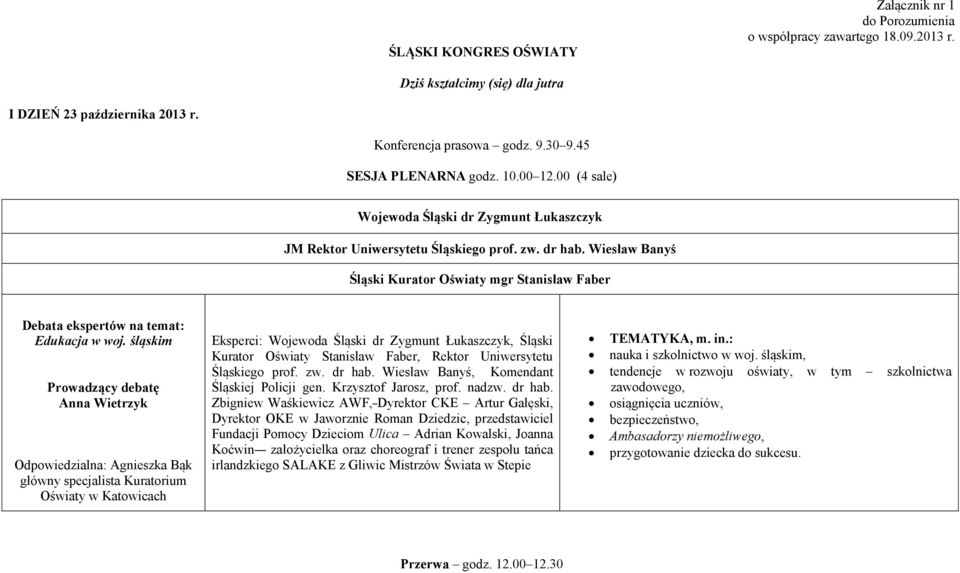 Wiesław Banyś Śląski Kurator Oświaty mgr Stanisław Faber Debata ekspertów na temat: Edukacja w woj.