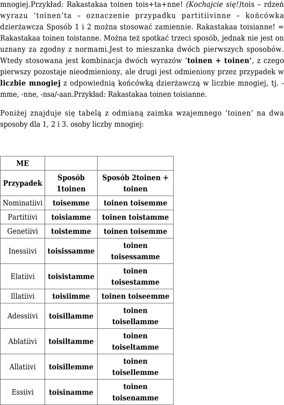 Wtedy stosowana jest kombinacja dwóch wyrazów +, z czego pierwszy pozostaje nieodmieniony, ale drugi jest odmieniony przez przypadek w liczbie mnogiej z odpowiednią końcówką dzierżawczą w liczbie