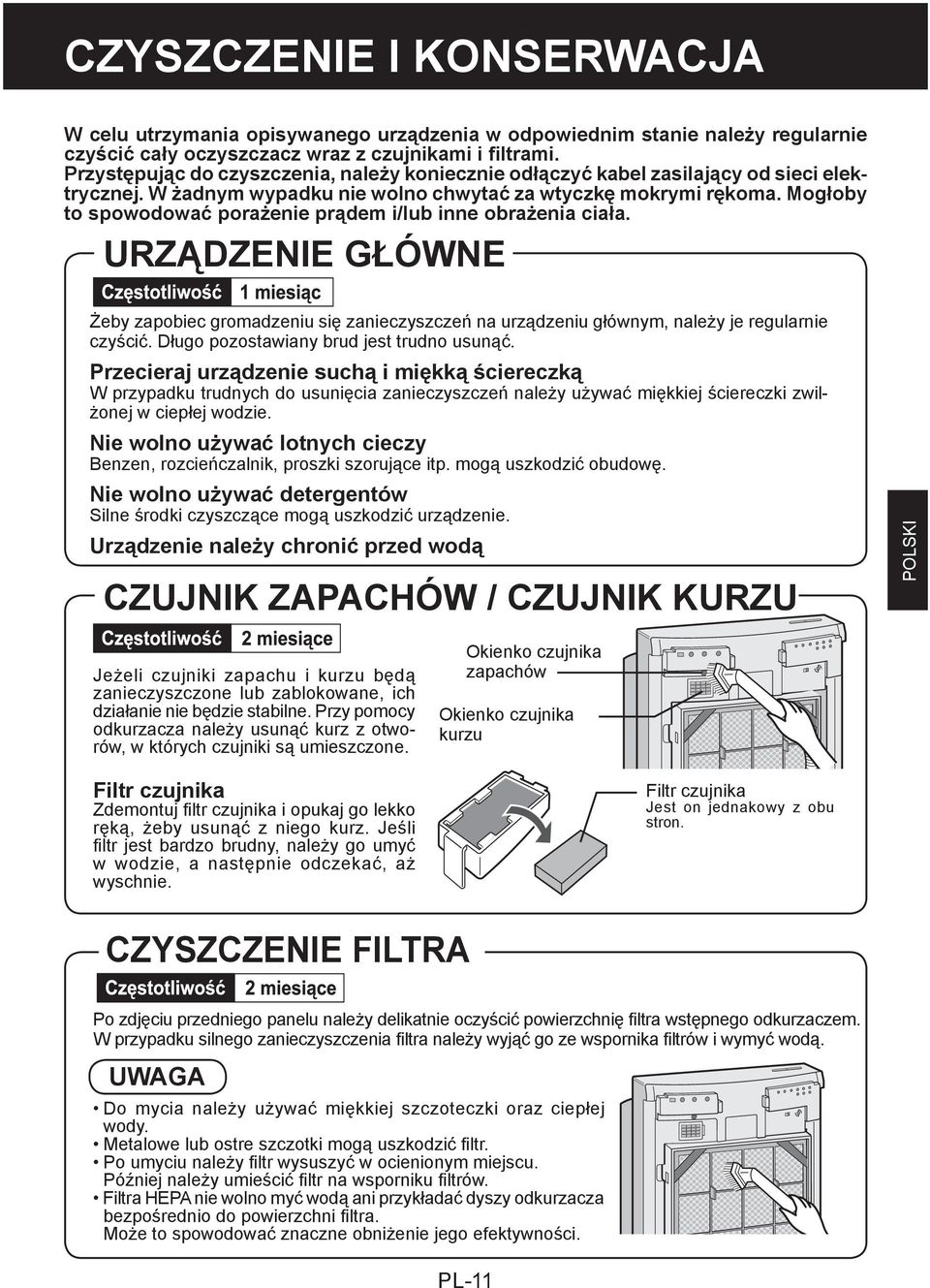 Mogłoby to spowodować porażenie prądem i/lub inne obrażenia ciała. URZĄDZENIE GŁÓWNE Żeby zapobiec gromadzeniu się zanieczyszczeń na urządzeniu głównym, należy je regularnie czyścić.