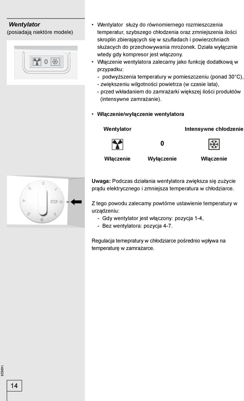 Włączenie wentylatora zalecamy jako funkcję dodatkową w przypadku: - podwyższenia temperatury w pomieszczeniu (ponad 30 C), - zwiększeniu wilgotności powietrza (w czasie lata), - przed wkładaniem do