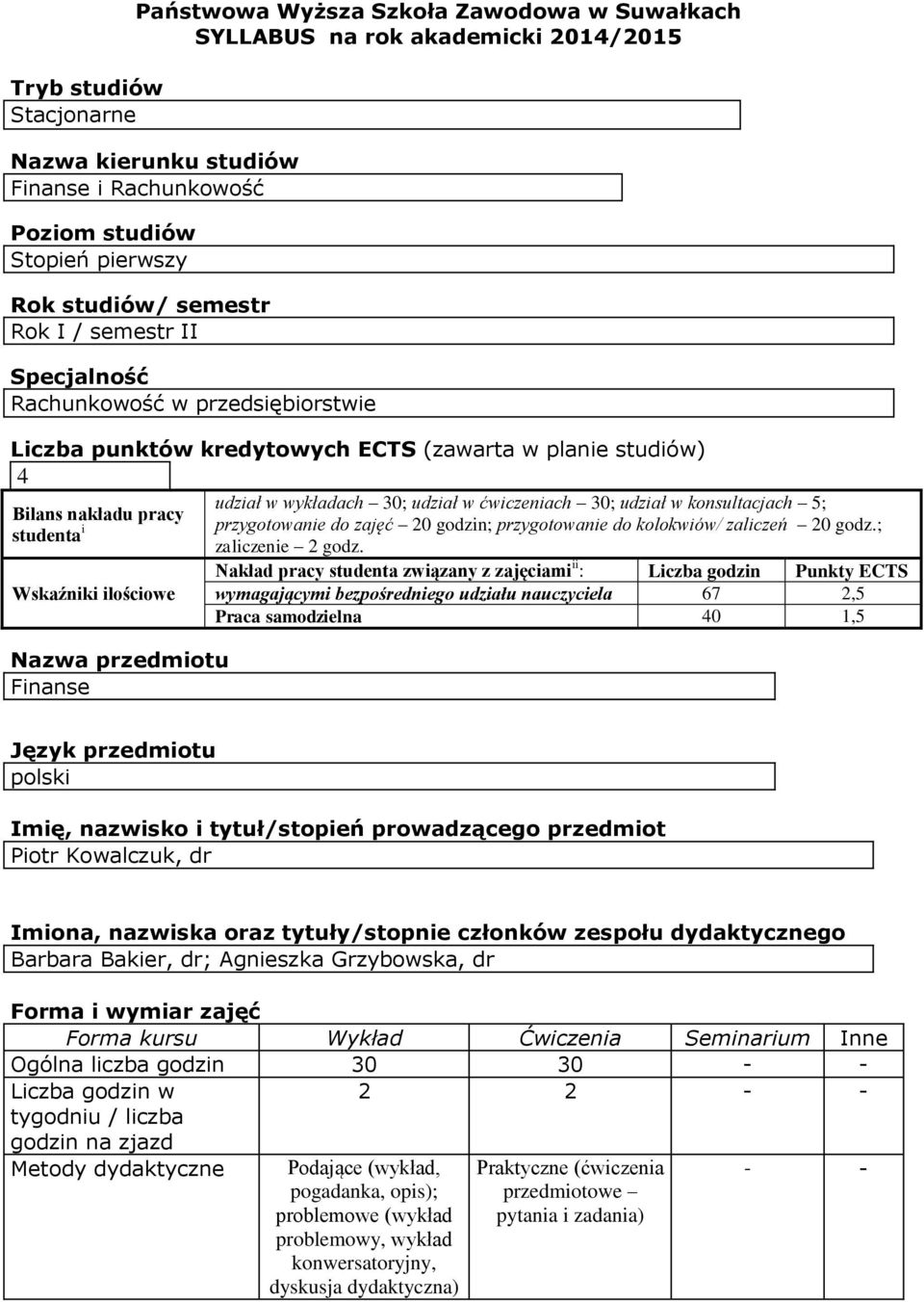 konsultacjach 5; Bilans nakładu pracy studenta i przygotowanie do zajęć 0 godzin; przygotowanie do kolokwiów/ zaliczeń 0 godz.; zaliczenie godz.