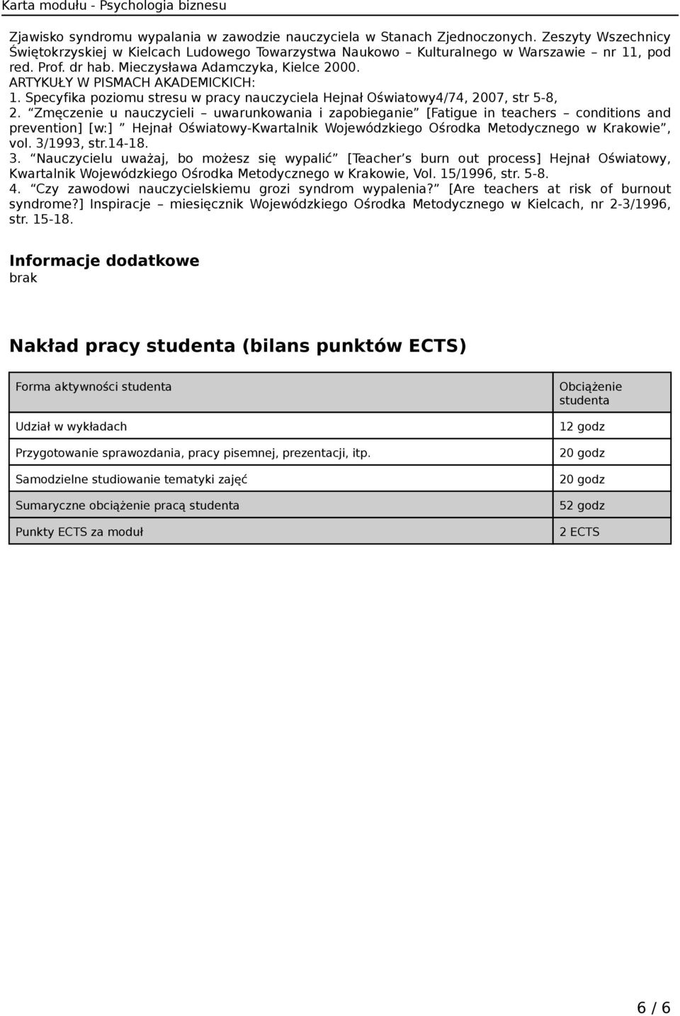 Zmęczenie u nauczycieli uwarunkowania i zapobieganie [Fatigue in teachers conditions and prevention] [w:] Hejnał Oświatowy-Kwartalnik Wojewódzkiego Ośrodka Metodycznego w Krakowie, vol. 3/1993, str.