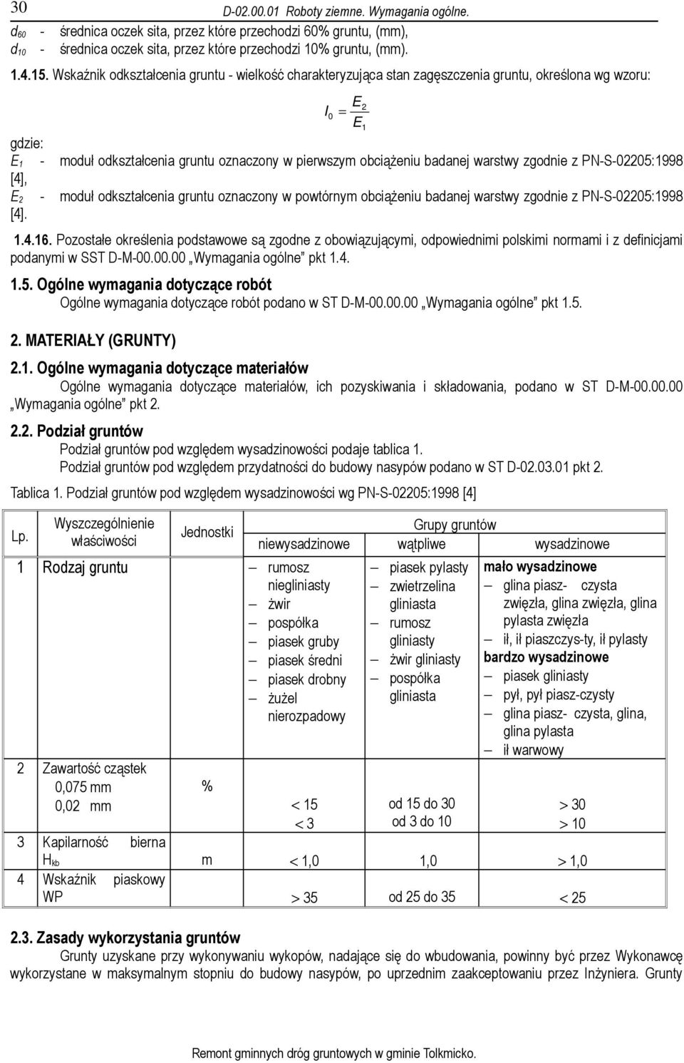 warstwy zgodnie z PN-S-02205:1998 [4], E 2 - moduł odkształcenia gruntu oznaczony w powtórnym obciąŝeniu badanej warstwy zgodnie z PN-S-02205:1998 [4]. 1.4.16.