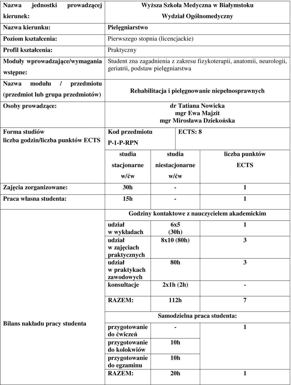 zagadnienia z zakresu fizykoterapii, anatomii, neurologii, geriatrii, podstaw pielęgniarstwa Rehabilitacja i pielęgnowanie niepełnosprawnych Kod przedmiotu P-1-P-RPN studia stacjonarne w/ćw dr