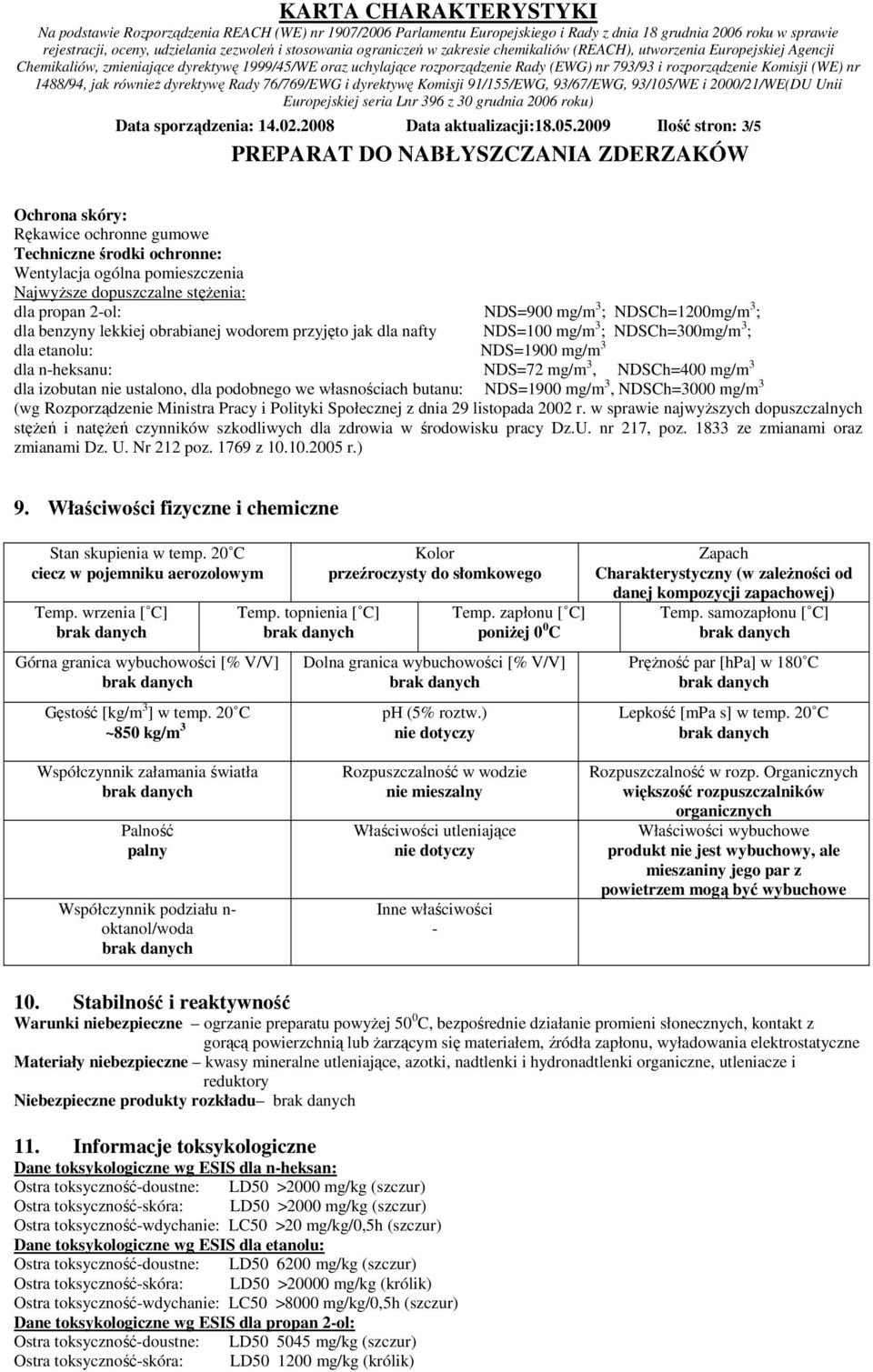 NDSCh=1200mg/m 3 ; dla benzyny lekkiej obrabianej wodorem przyjęto jak dla nafty NDS=100 mg/m 3 ; NDSCh=300mg/m 3 ; dla etanolu: NDS=1900 mg/m 3 dla n-heksanu: NDS=72 mg/m 3, NDSCh=400 mg/m 3 dla