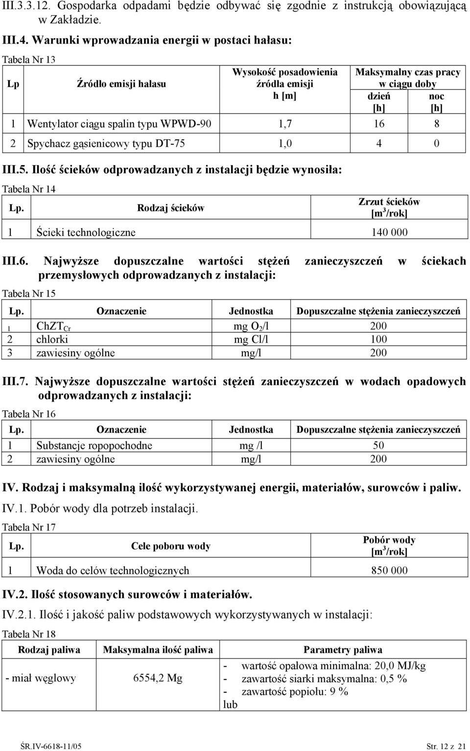 spalin typu WPWD-90 1,7 16 8 2 Spychacz gąsienicowy typu DT-7 1,0 4 0 III.. Ilość ścieków odprowadzanych z instalacji będzie wynosiła: Tabela Nr 14 Lp.