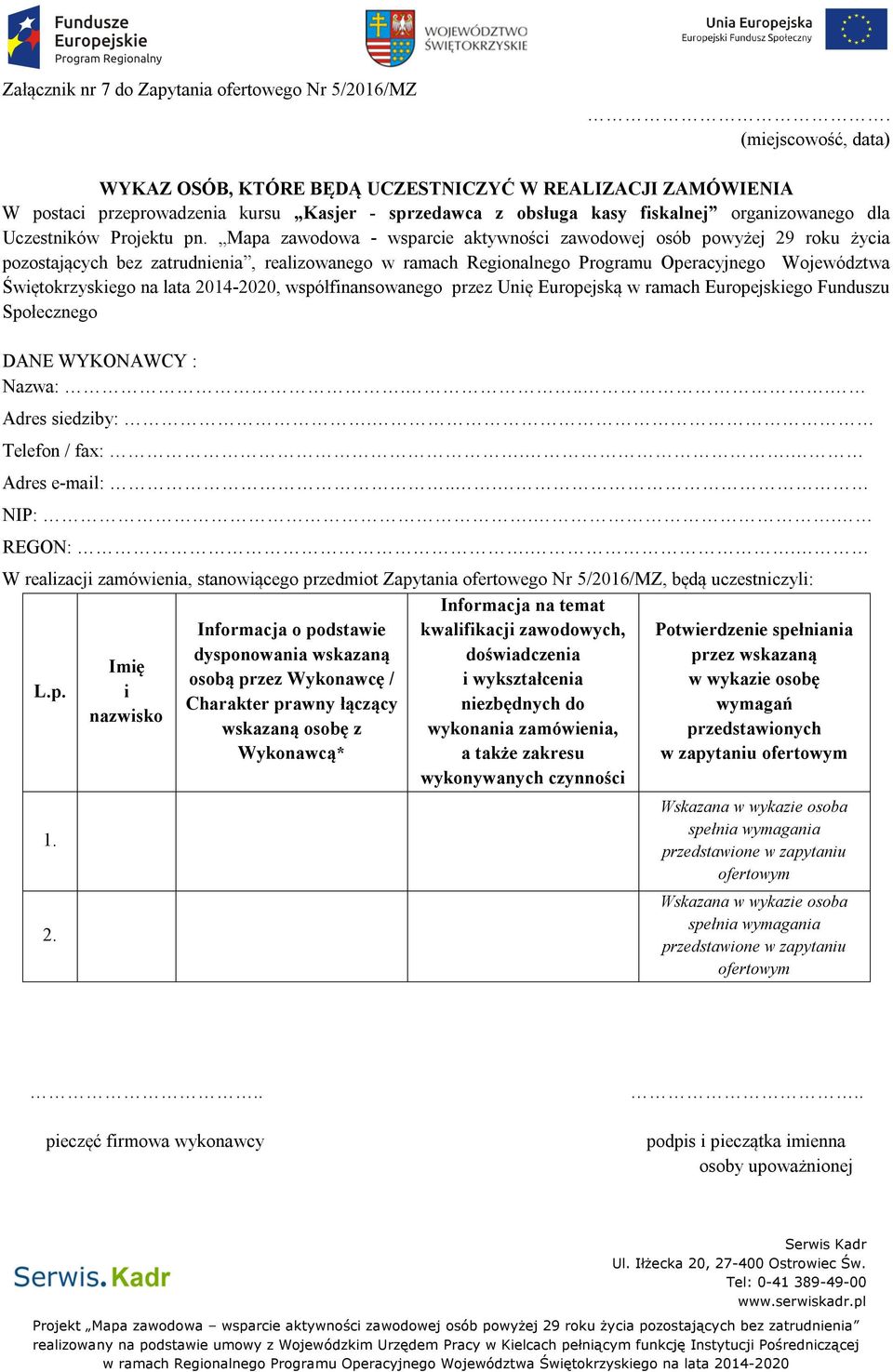 Mapa zawodowa - wsparcie aktywności zawodowej osób powyżej 29 roku życia pozostających bez zatrudnienia, realizowanego w ramach Regionalnego Programu Operacyjnego Województwa Świętokrzyskiego na lata