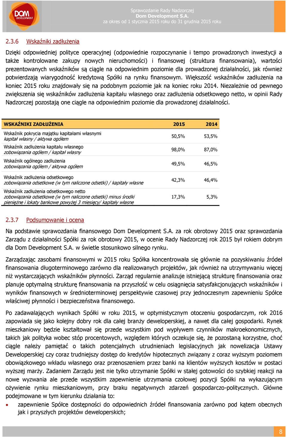 Większość wskaźników zadłużenia na koniec 2015 roku znajdowały się na podobnym poziomie jak na koniec roku 2014.