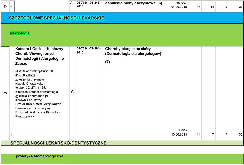 14 14 0 20 SZCZEGÓŁOWE SPECJLNOŚCI LEKRSKIE alergologia Katedra i Oddział Kliniczny Chorób Wewnętrznych Dermatologii i lergologii w Zabrzu