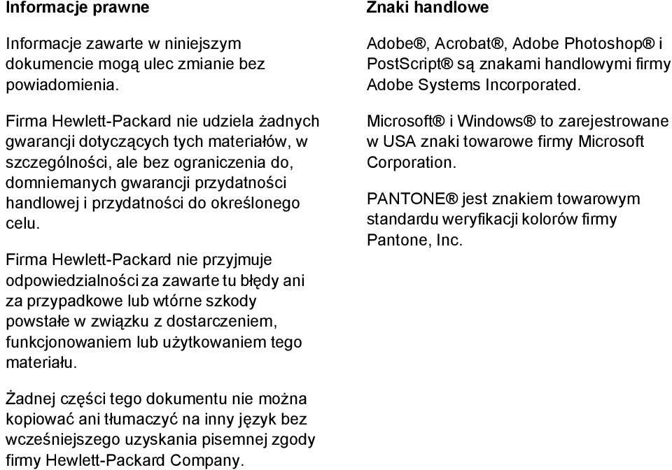 celu. Firma Hewlett-Packard nie przyjmuje odpowiedzialności za zawarte tu błędy ani za przypadkowe lub wtórne szkody powstałe w związku z dostarczeniem, funkcjonowaniem lub użytkowaniem tego