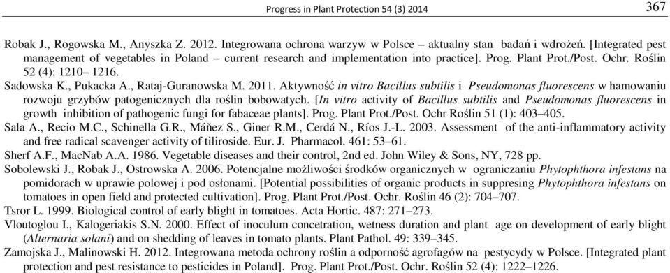 , Rataj-Guranowska M. 2011. Aktywność in vitro Bacillus subtilis i Pseudomonas fluorescens w hamowaniu rozwoju grzybów patogenicznych dla roślin bobowatych.