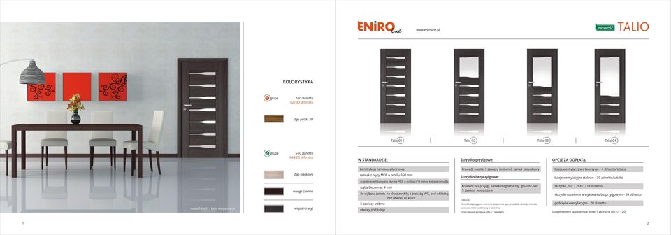 profilu 160 mm Talio 02 Talio 03 Skrzydło przylgowe: krawędź prosta, 3 zawiasy (srebrne), zamek zasuwkowy Skrzydło bezprzylgowe: Talio 04 OPCJE ZA DOPŁATĄ: tuleje wentylacyjne z tworzywa - 4