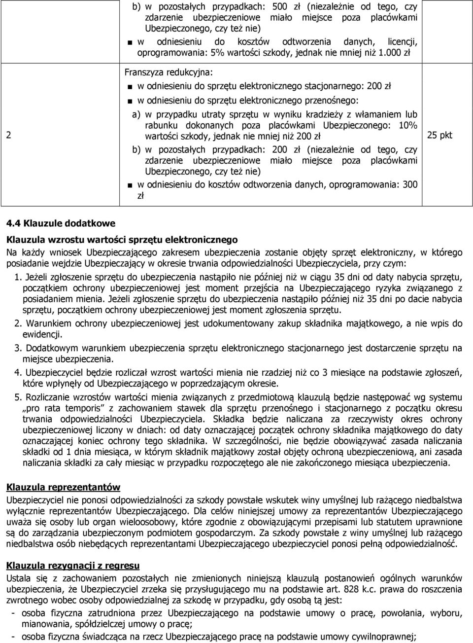 000 zł Franszyza redukcyjna: w odniesieniu do sprzętu elektronicznego stacjonarnego: 200 zł w odniesieniu do sprzętu elektronicznego przenośnego: a) w przypadku utraty sprzętu w wyniku kradzieży z