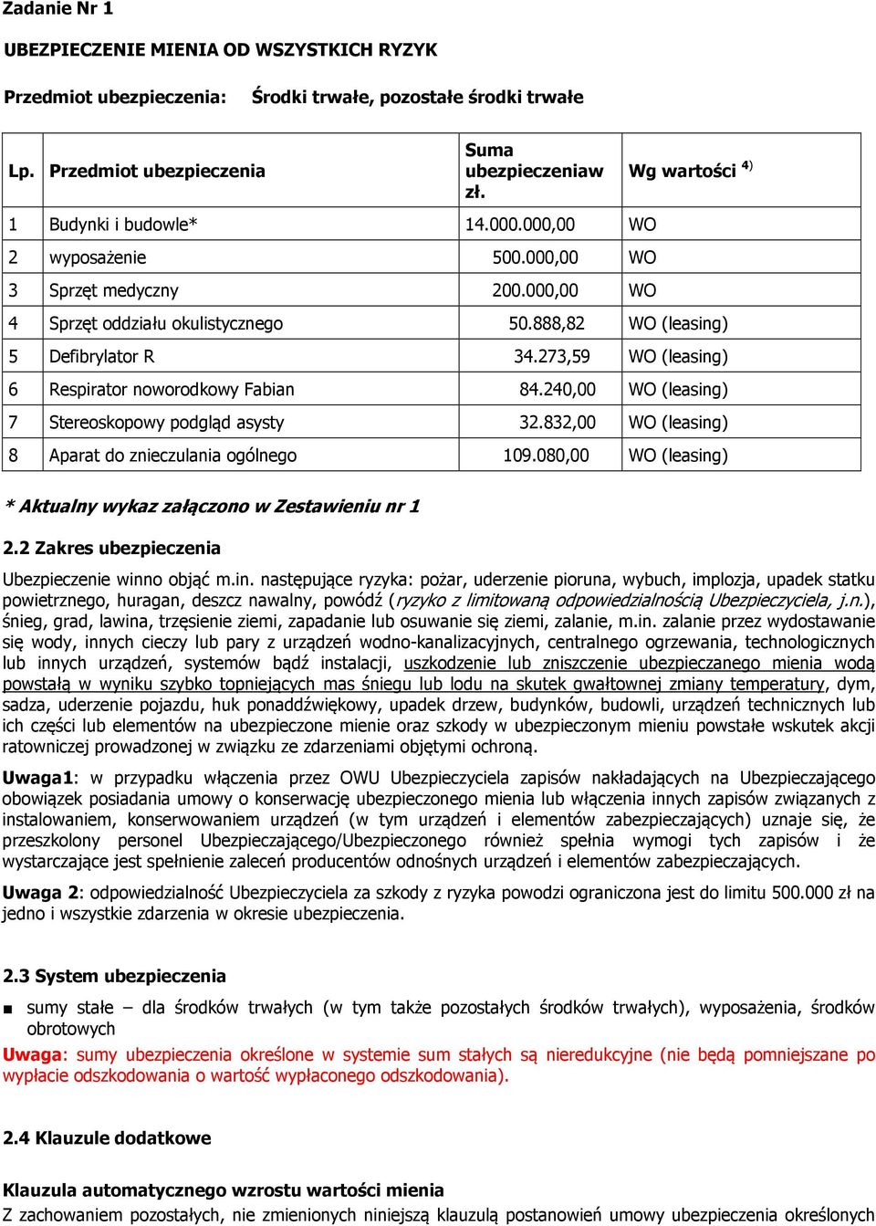 273,59 WO (leasing) 6 Respirator noworodkowy Fabian 84.240,00 WO (leasing) 7 Stereoskopowy podgląd asysty 32.832,00 WO (leasing) 8 Aparat do znieczulania ogólnego 109.