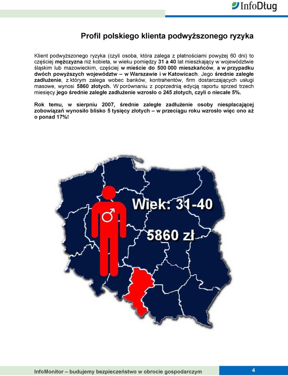 Jego średnie zaległe zadłużenie, z którym zalega wobec banków, kontrahentów, firm dostarczających usługi masowe, wynosi 5860 złotych.