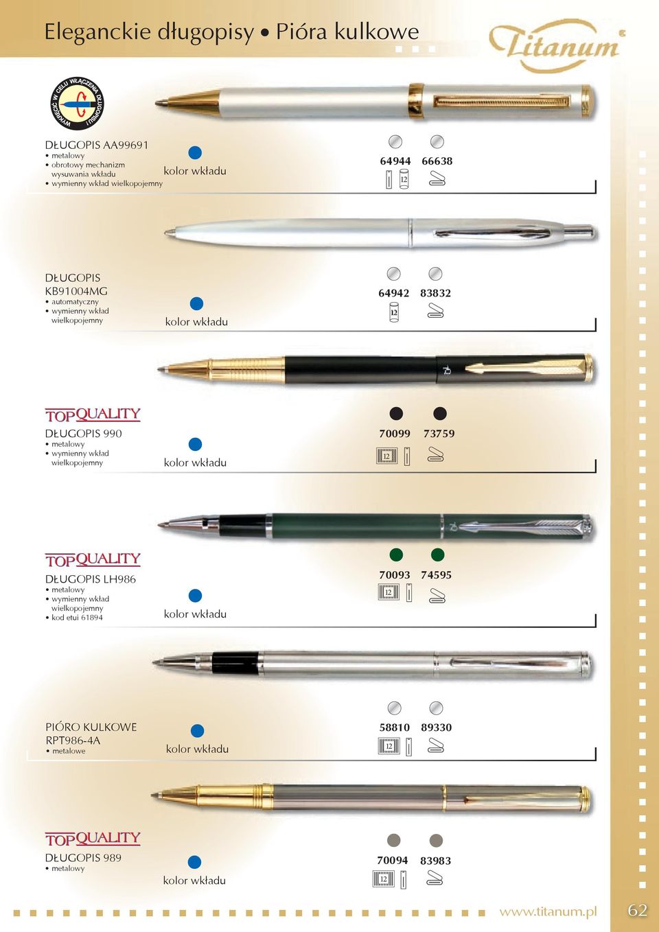 metalowy wymienny wkład kod etui 61894 PIÓRO KULKOWE RPT986-4A metalowe 989