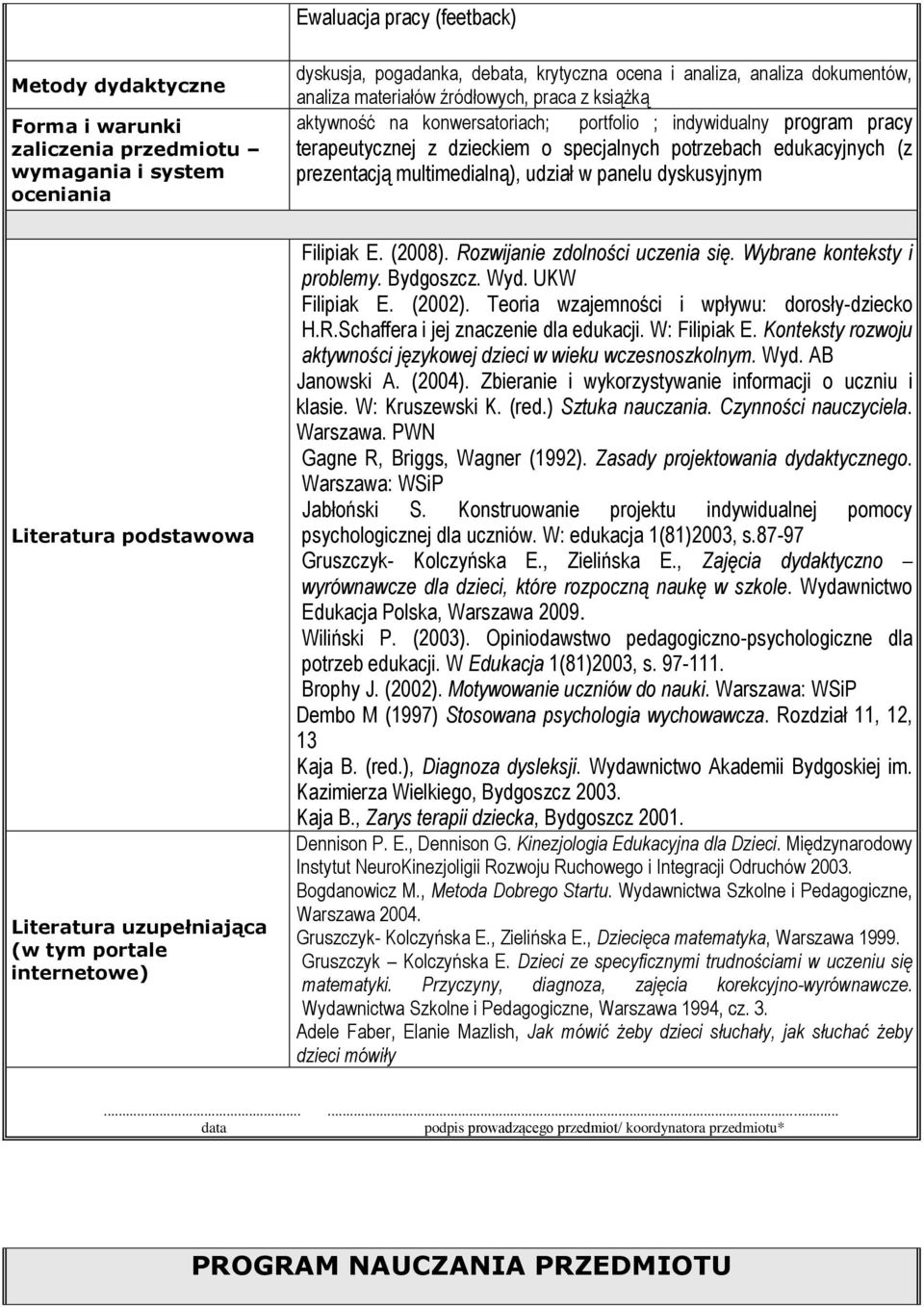 multimedialną), udział w panelu dyskusyjnym Literatura podstawowa Literatura uzupełniająca (w tym portale internetowe) Filipiak E. (2008). Rozwijanie zdolności uczenia się.