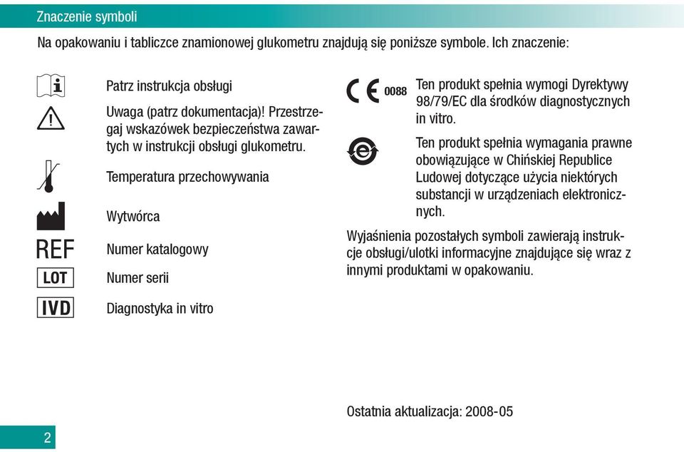 Temperatura przechowywania Wytwórca Numer katalogowy Numer serii Diagnostyka in vitro 0088 Ten produkt spełnia wymogi Dyrektywy 98/79/EC dla środków diagnostycznych in vitro.