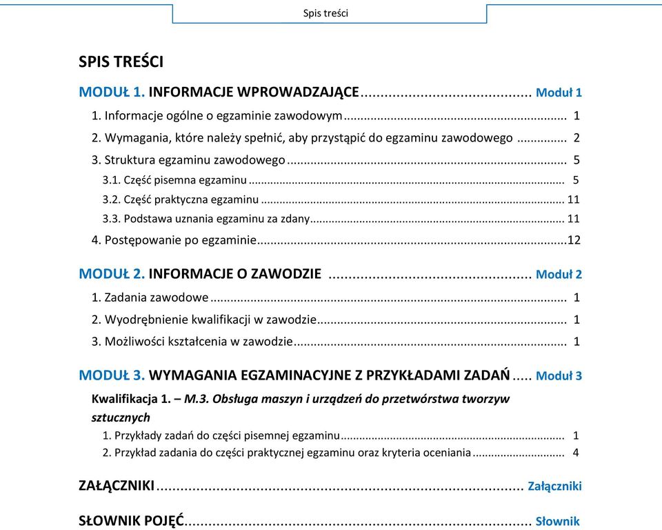 INFORMACJE O ZAWODZIE... Moduł 2 1. Zadania zawodowe... 1 2. Wyodrębnienie kwalifikacji w zawodzie... 1 3. Możliwości kształcenia w zawodzie... 1 MODUŁ 3. WYMAGANIA EGZAMINACYJNE Z PRZYKŁADAMI ZADAŃ.