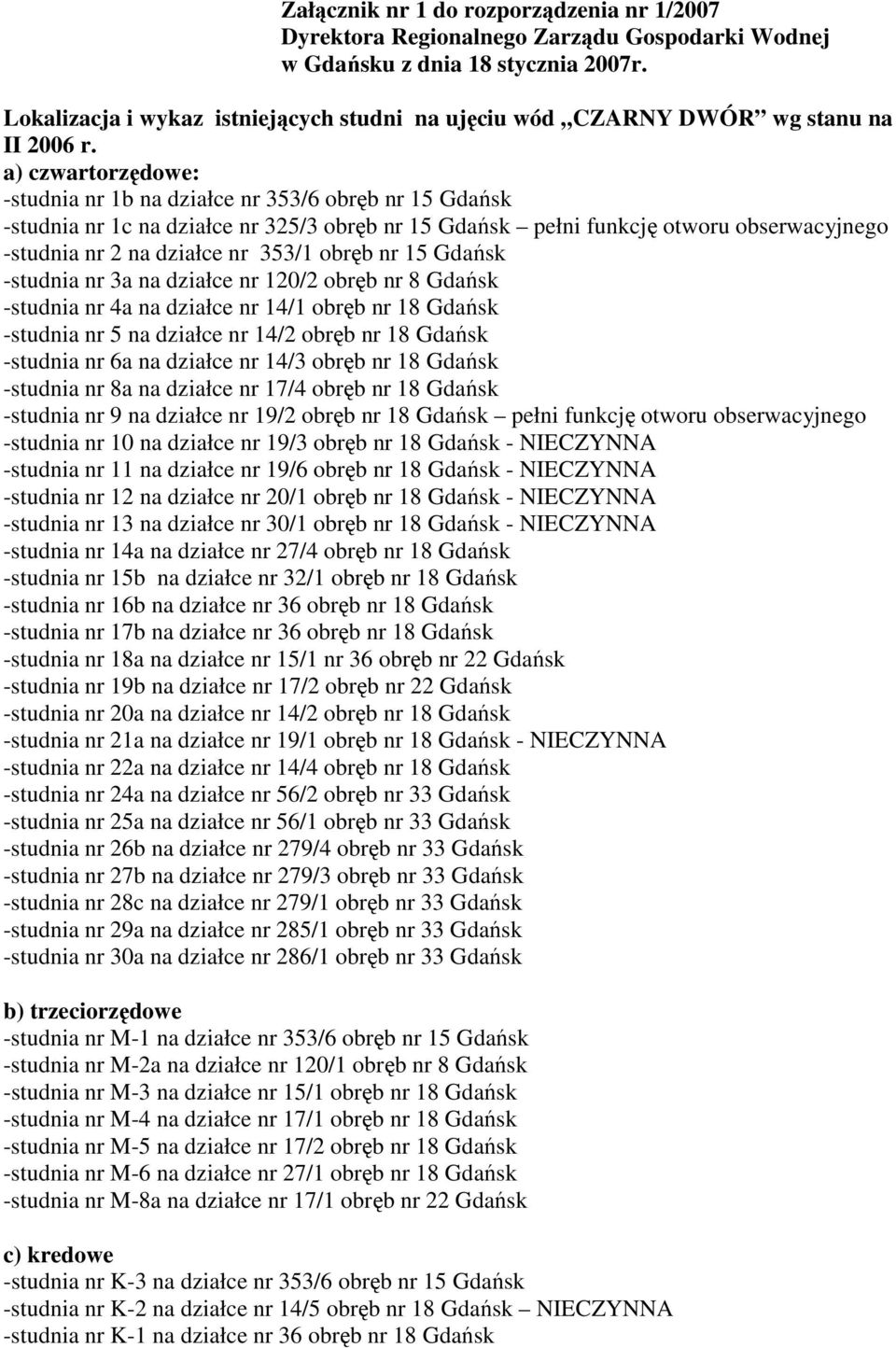 a) czwartorzędowe: -studnia nr 1b na działce nr 353/6 obręb nr 15 Gdańsk -studnia nr 1c na działce nr 325/3 obręb nr 15 Gdańsk pełni funkcję otworu obserwacyjnego -studnia nr 2 na działce nr 353/1