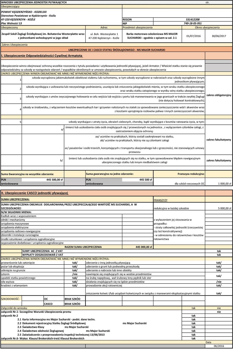 Boh. Westerplatte 1 47-200 Kędzierzyn - Koźle Barka motorowo-szkoleniowa MS MAJOR SUCHARSKI - zgodnie z opisem w zał. 2.1 01/07/2016 30/06/2017 Zakres Ubezpieczenia I.