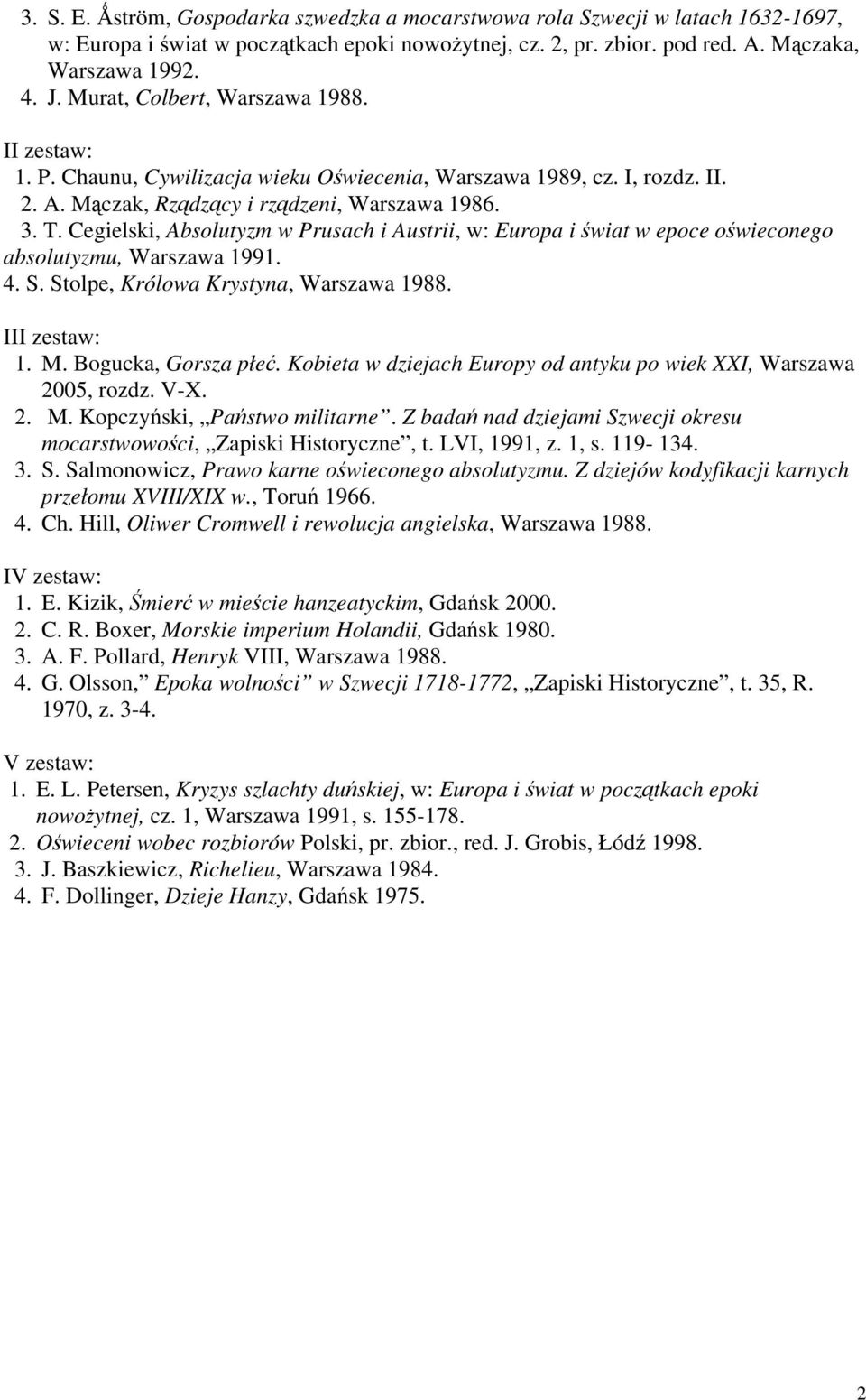 Cegielski, Absolutyzm w Prusach i Austrii, w: Europa i świat w epoce oświeconego absolutyzmu, Warszawa 1991. 4. S. Stolpe, Królowa Krystyna, Warszawa 1988. III zestaw: 1. M. Bogucka, Gorsza płeć.
