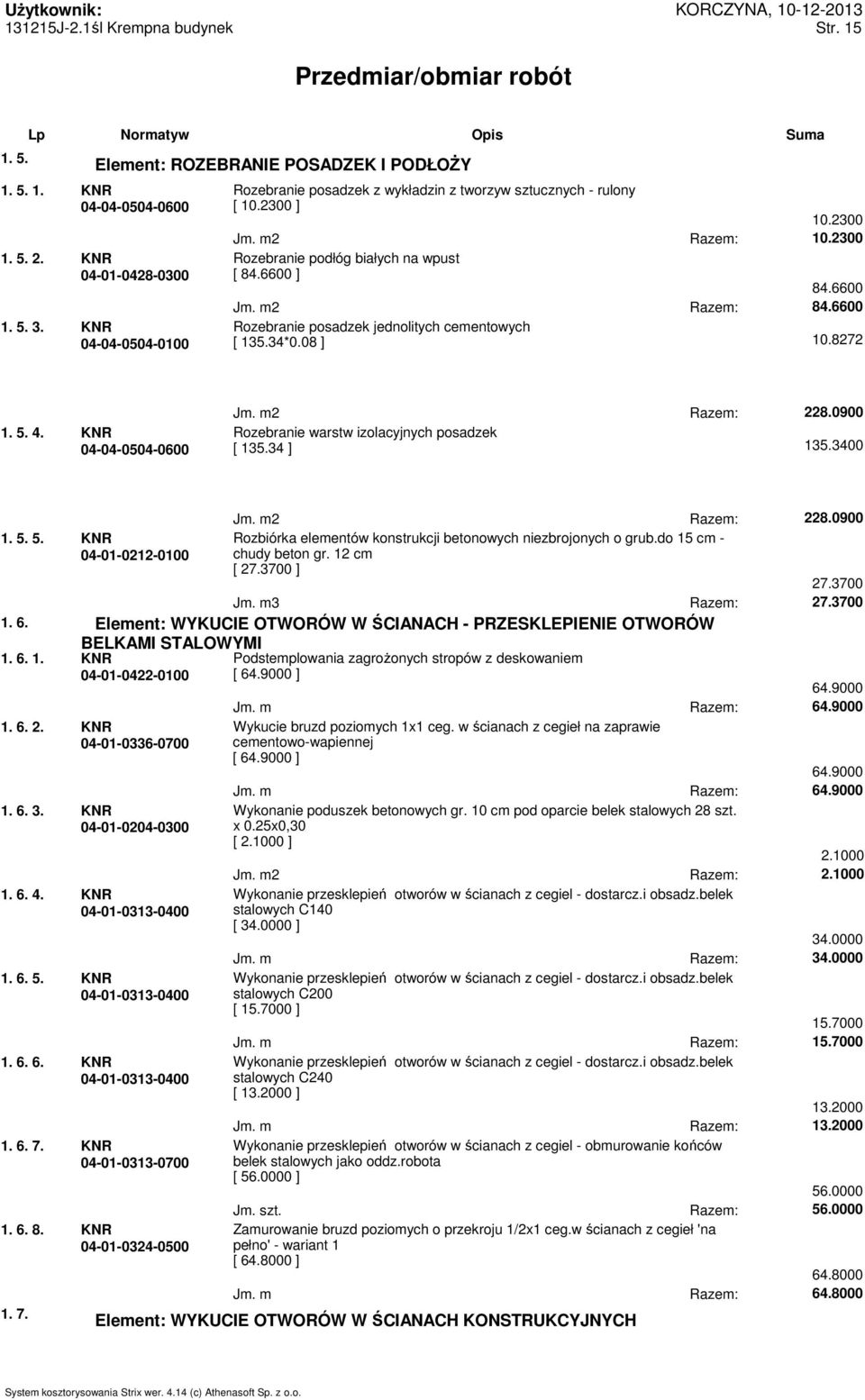 6600 Rozebranie posadzek jednolitych cementowych [ 135.34*0.08 ] 10.8272 1. 5. 4. KNR 04-04-0504-0600 Jm. m2 Razem: 228.0900 Rozebranie warstw izolacyjnych posadzek [ 135.34 ] 135.3400 1. 5. 5. KNR 04-01-0212-0100 Jm.