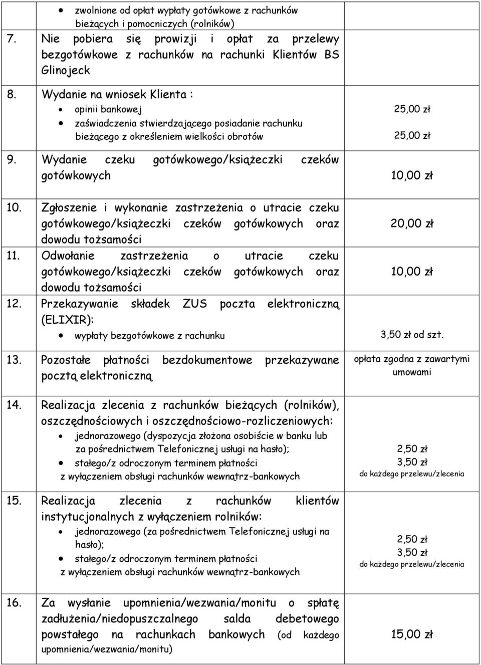 Wydanie czeku gotówkowego/książeczki czeków gotówkowych 25,00 zł 25,00 zł 10. Zgłoszenie i wykonanie zastrzeżenia o utracie czeku gotówkowego/książeczki czeków gotówkowych oraz dowodu tożsamości 11.