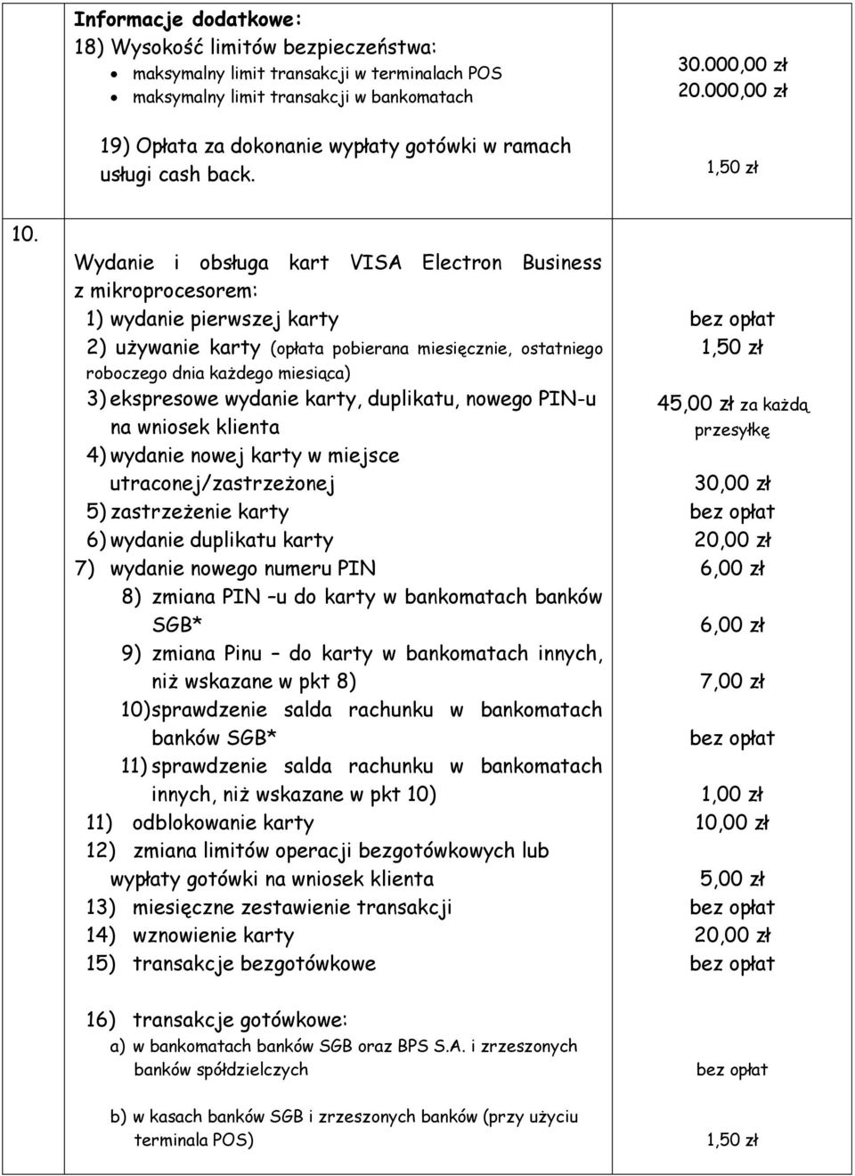 Wydanie i obsługa kart VISA Electron Business z mikroprocesorem: 1) wydanie pierwszej karty 2) używanie karty (opłata pobierana miesięcznie, ostatniego roboczego dnia każdego miesiąca) 3) ekspresowe