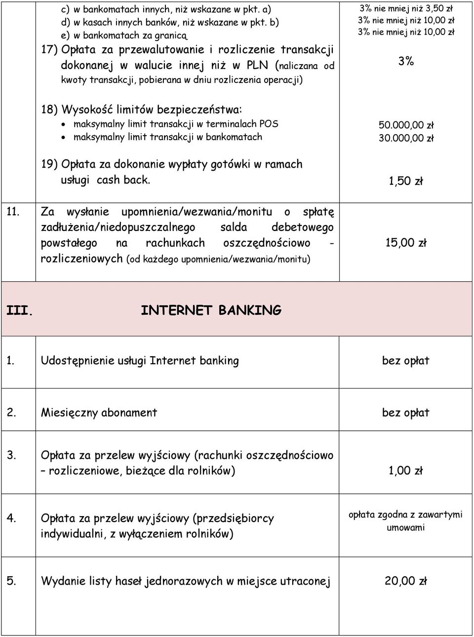 mniej niż 3,50 zł 3% nie mniej niż 3% nie mniej niż 3% 18) Wysokość limitów bezpieczeństwa: maksymalny limit transakcji w terminalach POS maksymalny limit transakcji w bankomatach 19) Opłata za