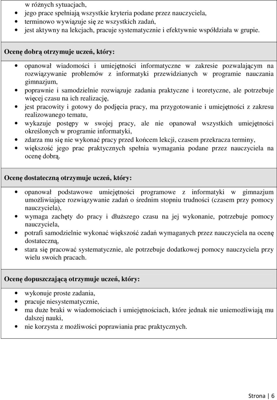 Ocenę dobrą otrzymuje uczeń, który: opanował wiadomości i umiejętności informatyczne w zakresie pozwalającym na rozwiązywanie problemów z informatyki przewidzianych w programie nauczania gimnazjum,