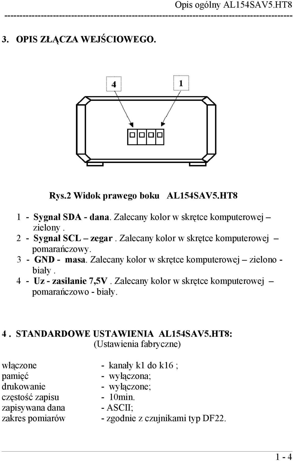 4 - Uz - zasilanie 7,5V. Zalecany kolor w skrętce komputerowej pomarańczowo - biały. 4. STANDARDOWE USTAWIENIA AL154SAV5.