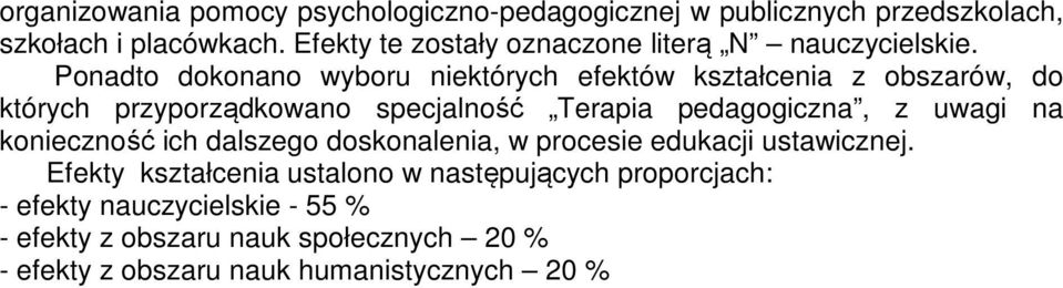 Ponadto dokonano wyboru niektórych efektów kształcenia z obszarów, do których przyporządkowano specjalność Terapia pedagogiczna, z