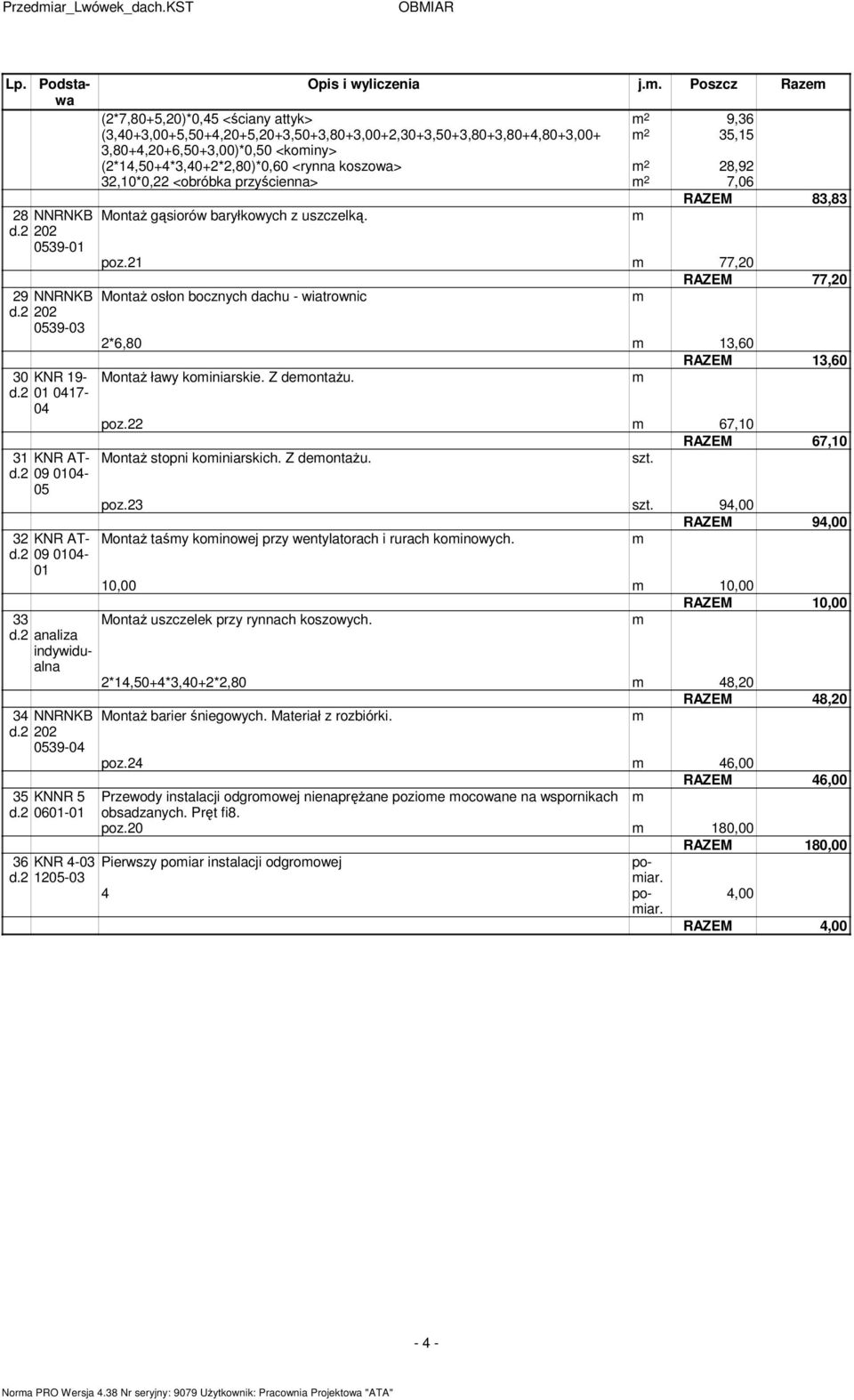 <rynna koszowa> 2 28,92 32,10*0,22 <obróbka przyścienna> 2 7,06 RAZEM 83,83 28 NNRNKB Montaż gąsiorów baryłkowych z uszczelką. poz.21 77,20 29 NNRNKB 0539-03 30 KNR 19- d.2 01 0417-04 31 KNR ATd.