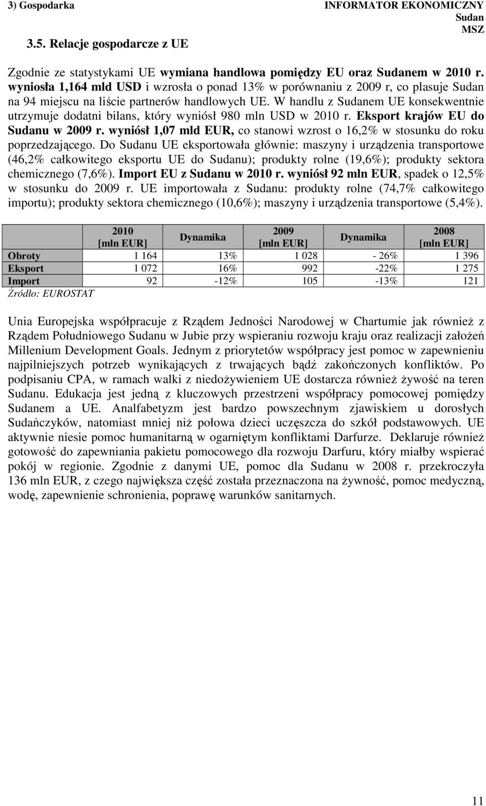 W handlu z em UE konsekwentnie utrzymuje dodatni bilans, który wyniósł 980 mln USD w 2010 r. Eksport krajów EU do u w 2009 r.