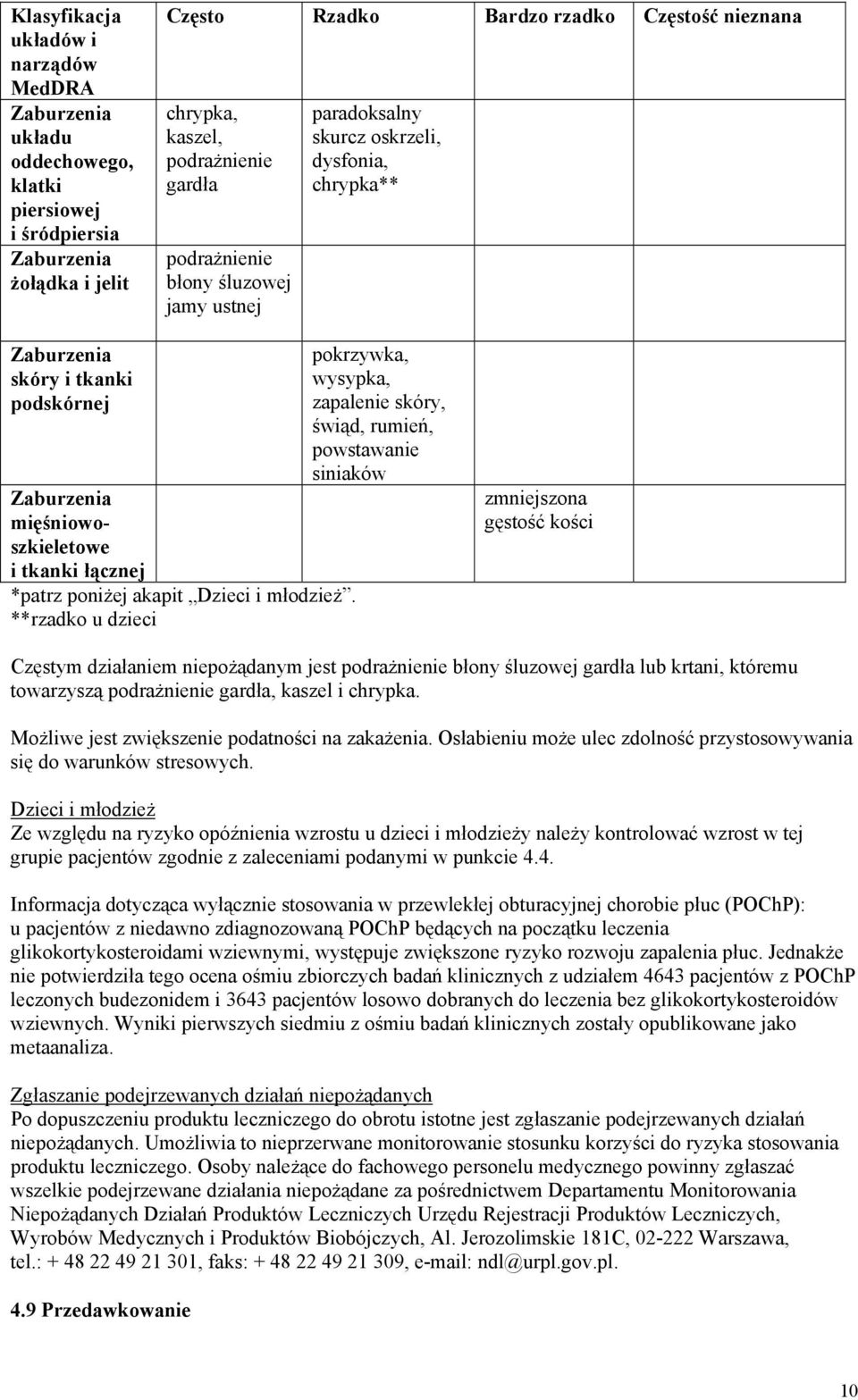 **rzadko u dzieci pokrzywka, wysypka, zapalenie skóry, świąd, rumień, powstawanie siniaków zmniejszona gęstość kości Częstym działaniem niepożądanym jest podrażnienie błony śluzowej gardła lub