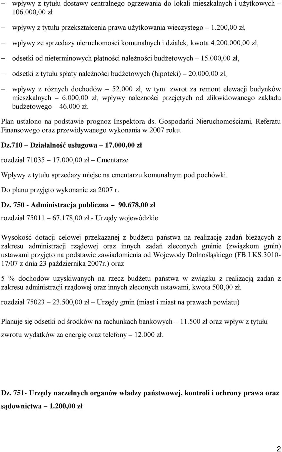 000,00 zł, odsetki z tytułu spłaty należności budżetowych (hipoteki) 20.000,00 zł, wpływy z różnych dochodów 52.000 zł, w tym: zwrot za remont elewacji budynków mieszkalnych 6.