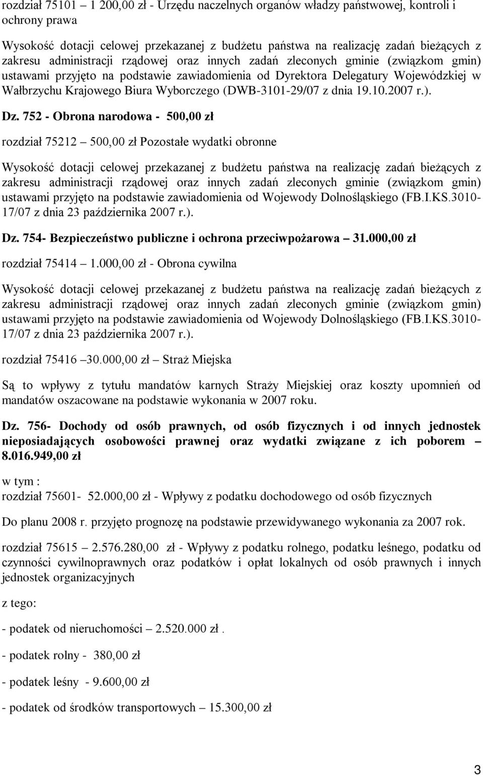 752 - Obrona narodowa - 500,00 zł rozdział 75212 500,00 zł Pozostałe wydatki obronne ustawami przyjęto na podstawie zawiadomienia od Wojewody Dolnośląskiego (FB.I.KS.