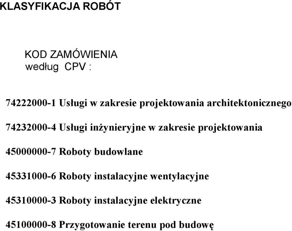 projektowania 45000000-7 Roboty budowlane 45331000-6 Roboty instalacyjne
