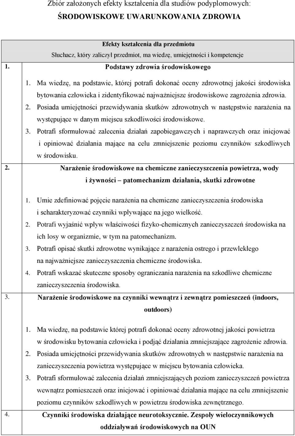 Ma wiedzę, na podstawie, której potrafi dokonać oceny zdrowotnej jakości środowiska bytowania człowieka i zidentyfikować najważniejsze środowiskowe zagrożenia zdrowia. 2.