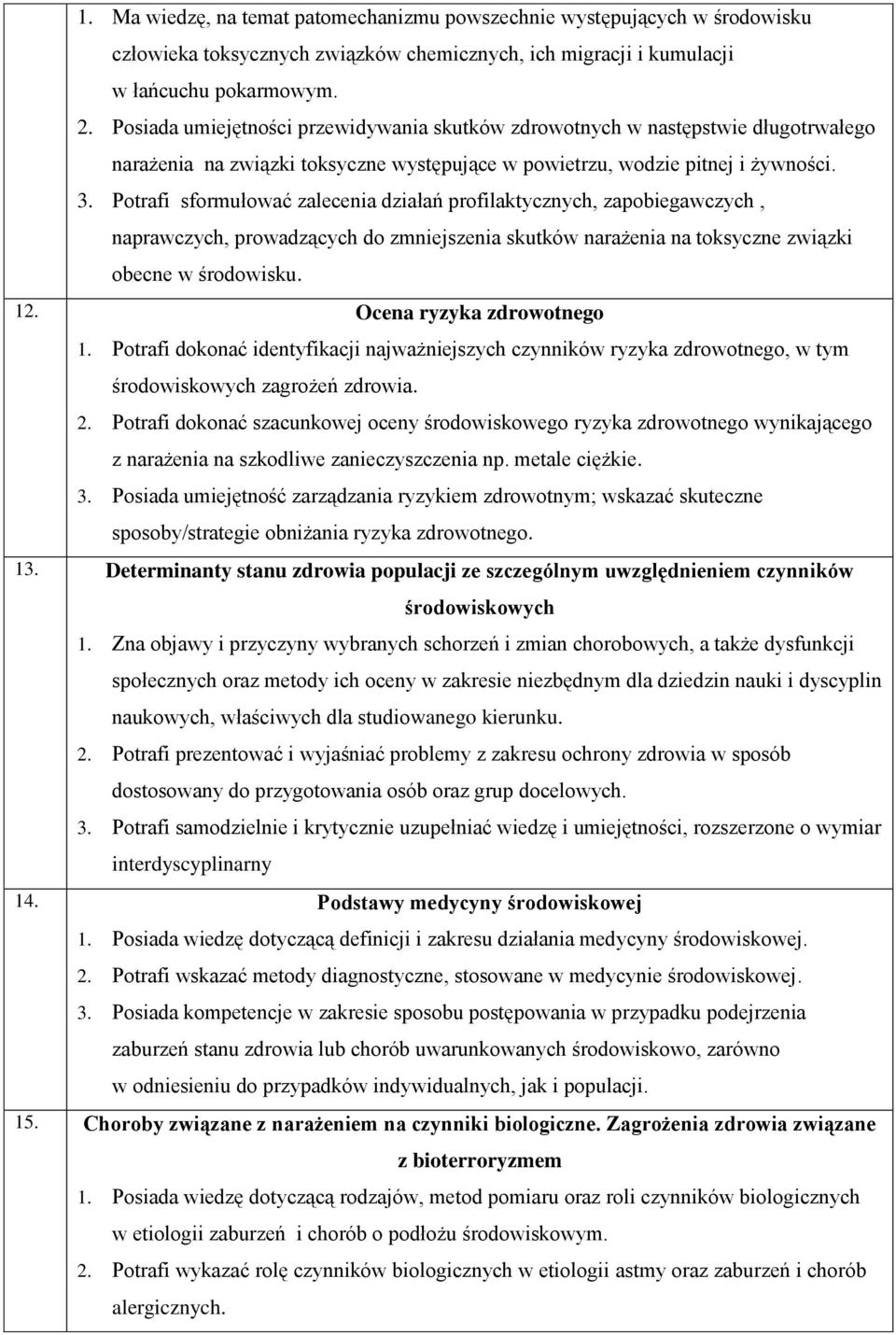 Potrafi sformułować zalecenia działań profilaktycznych, zapobiegawczych, naprawczych, prowadzących do zmniejszenia skutków narażenia na toksyczne związki obecne w środowisku. 12.