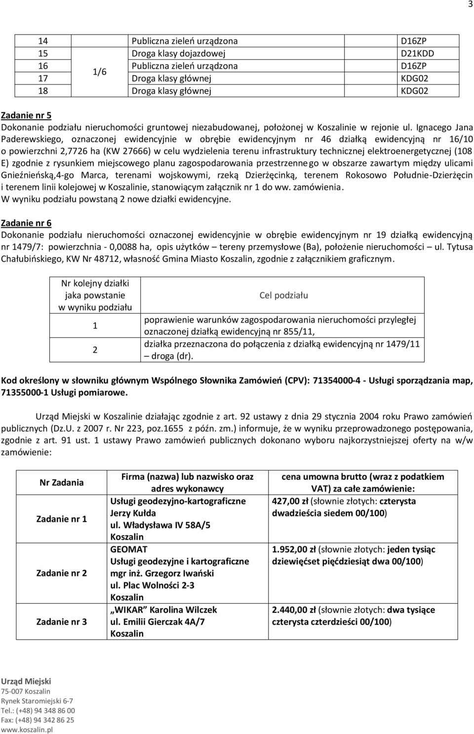 Ignacego Jana Paderewskiego, oznaczonej ewidencyjnie w obrębie ewidencyjnym nr 6 działką ewidencyjną nr 6/0 o powierzchni,776 ha (KW 7666) w celu wydzielenia terenu infrastruktury technicznej