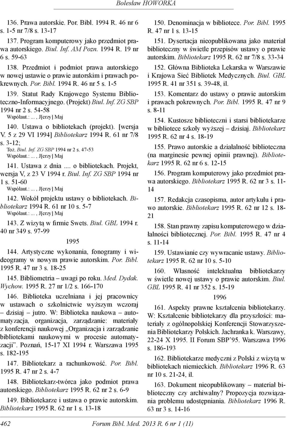 (Projekt) Biul. Inf. ZG SBP 1994 nr 2 s. 54-58 Współaut.:..., J[erzy] Maj 140. Ustawa o bibliotekach (projekt). [wersja V. 5 z 29 VI 1994] Bibliotekarz 1994 R. 61 nr 7/8 s. 3-12; Toż. Biul. Inf. ZG SBP 1994 nr 2 s. 47-53 Współaut.