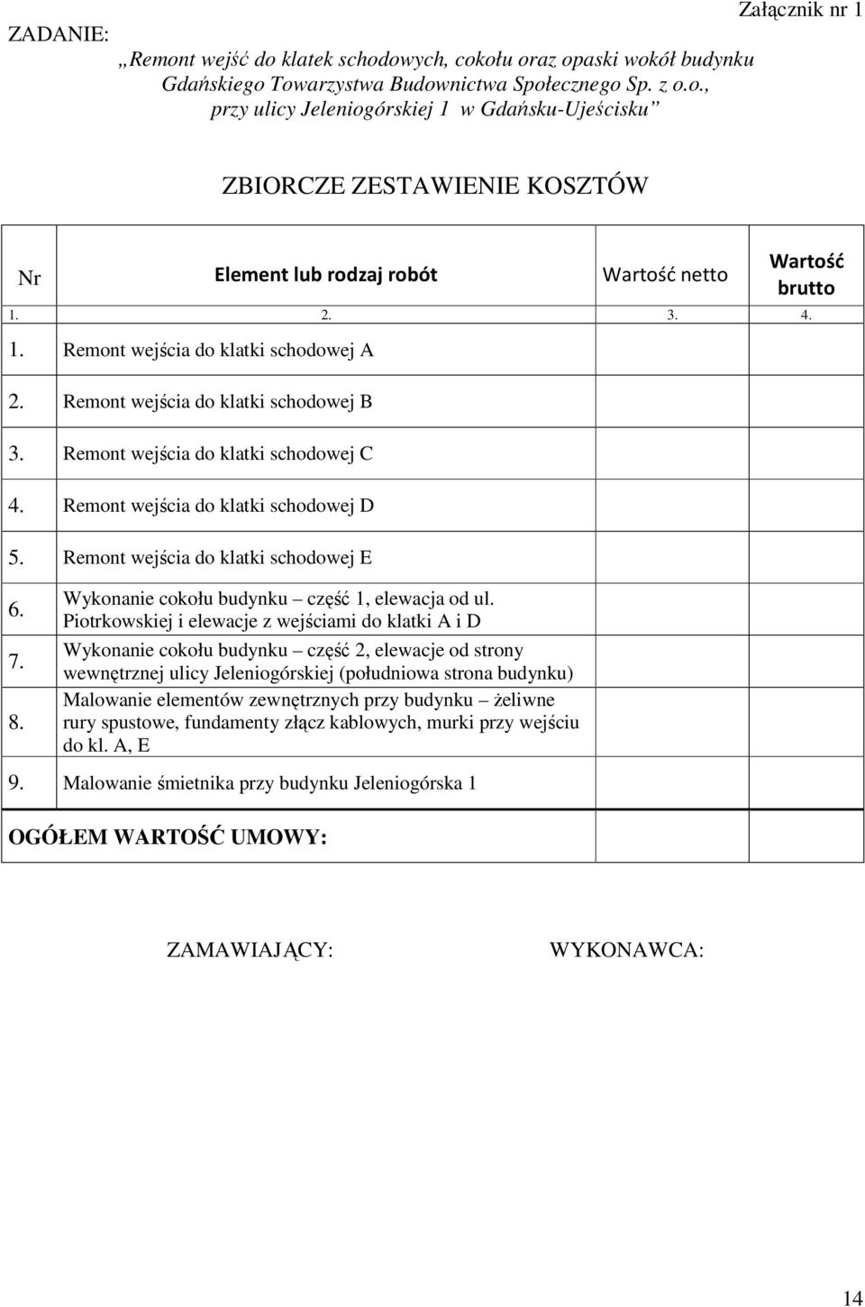 Remont wejścia do klatki schodowej E 6. 7. 8. Wykonanie cokołu budynku część 1, elewacja od ul.